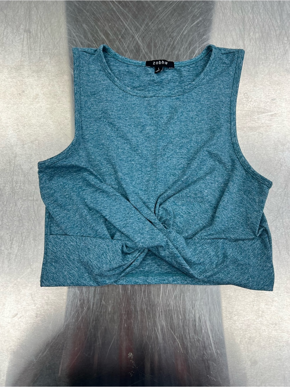 Zobha Heathered Teal Twist-Front Sleeveless Crop Tank Women’s L
